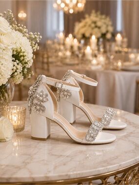 Luxury Ivory Bridal Heels Crystal Pearl Wedding Shoes Chunky Heel Bride Sandals